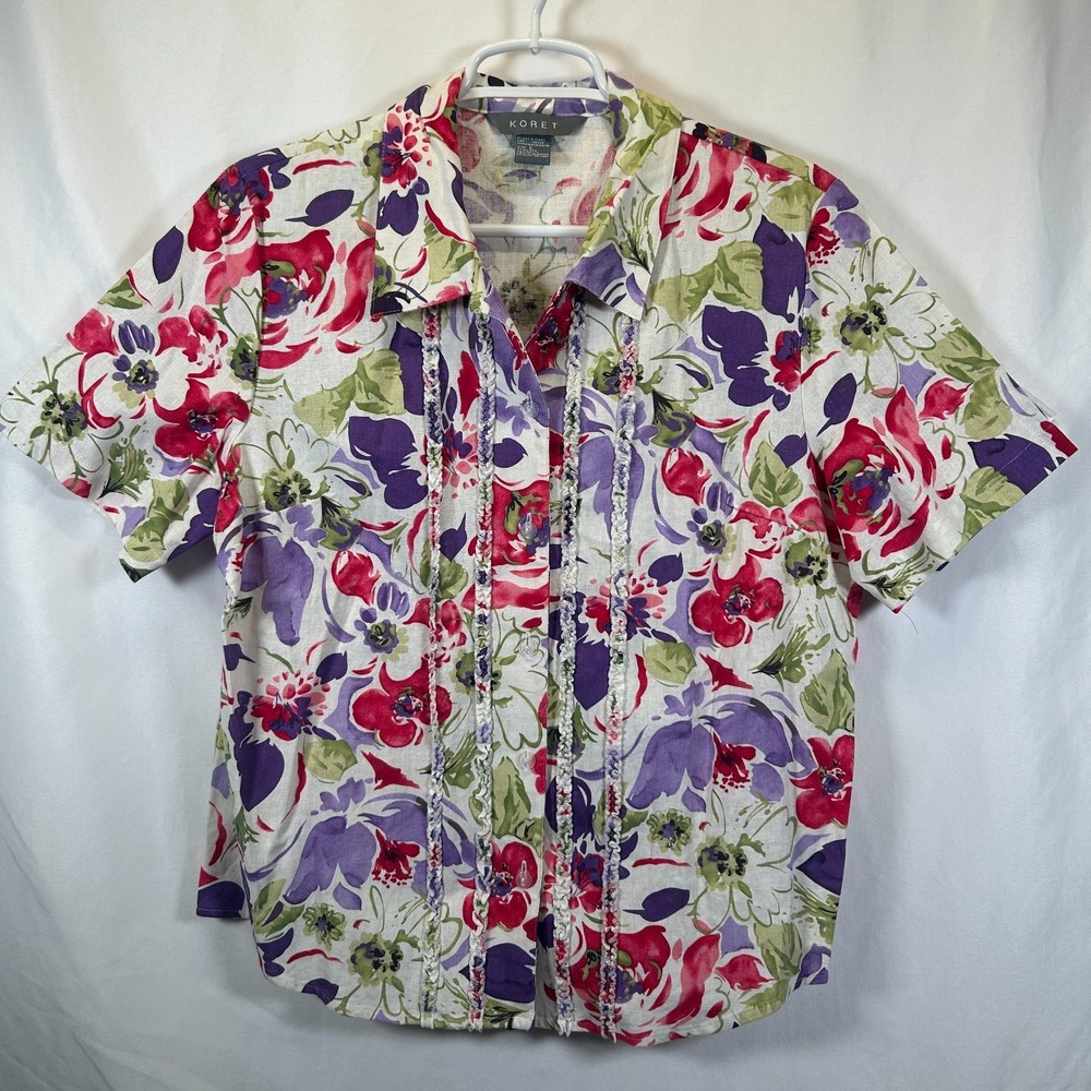 Vintage Koret Womens L Floral Button Up Linen Short Sleeve‎ Ruffle Purple Shirt